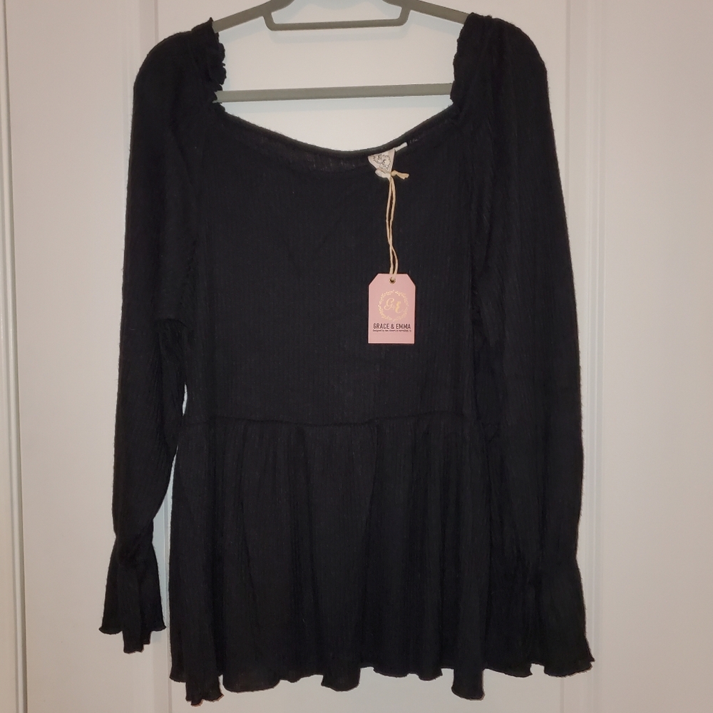 Grace & Emma Black Long Sleeve Peplum Top, XL